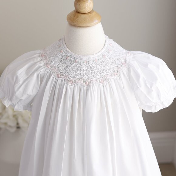 White Smocked Dress Bishop Float Feltman Brothers Pink Bullion Embroidery - Picture 3 of 6
